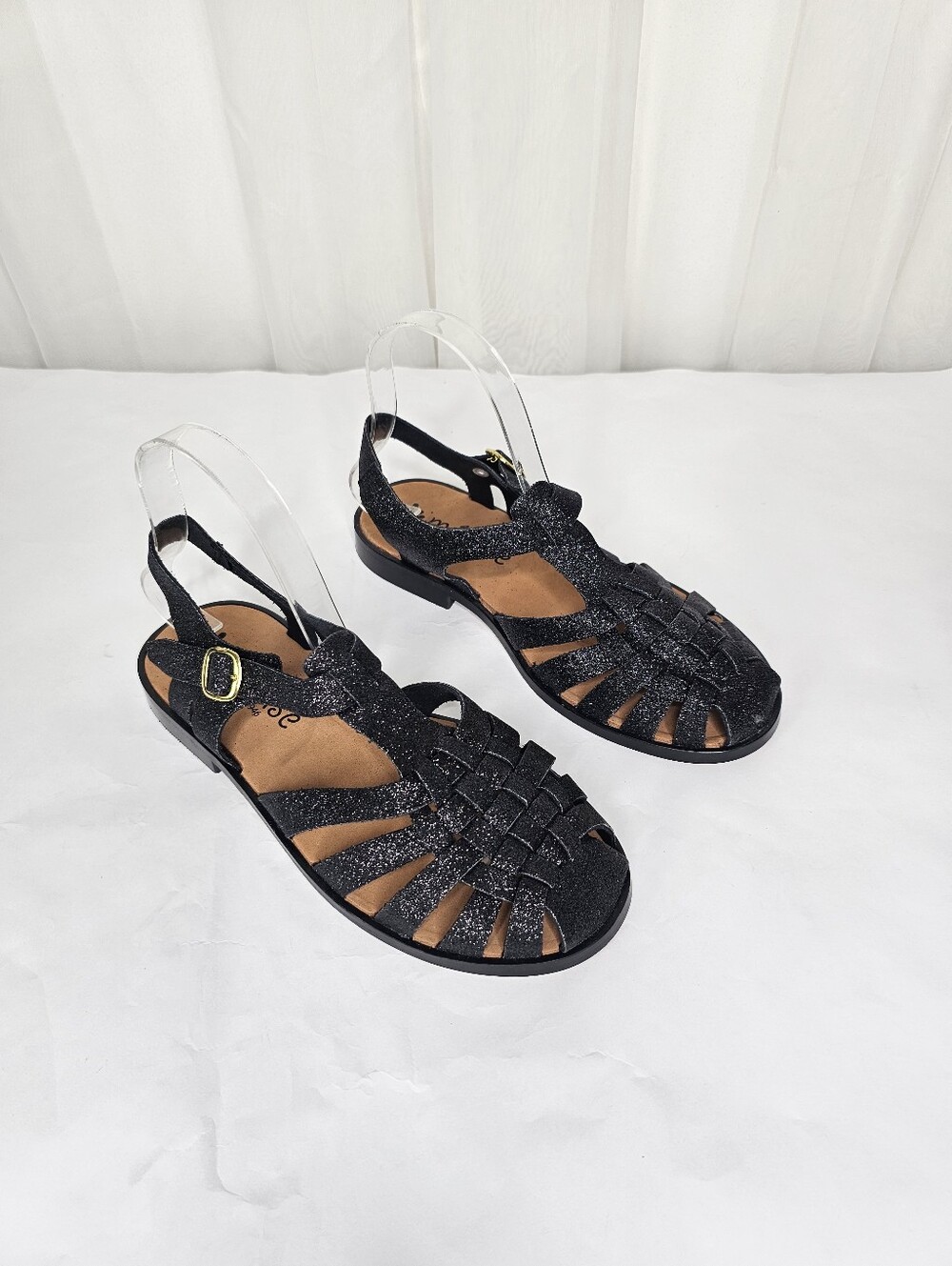 Méduse Sunville Black Glitter Leather Fisherman Sandals Size 38